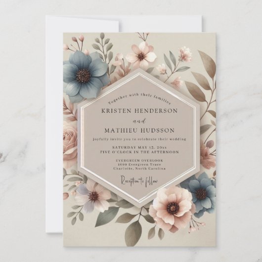 Staubblaue Vintage-Bloom-Hochzeit Einladung (Vorderseite)
