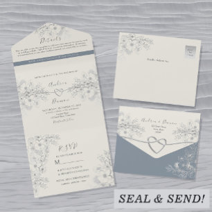 Staubblaue Vintage-Blumen-Hochzeitseinladung All In One Einladung