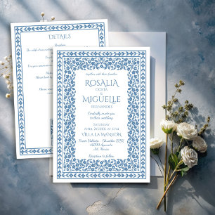 Staubblaue Vintage-Blumenrand-Hochzeit Einladung