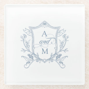 Staubblaue Vintage Crest Hochzeit Glasuntersetzer