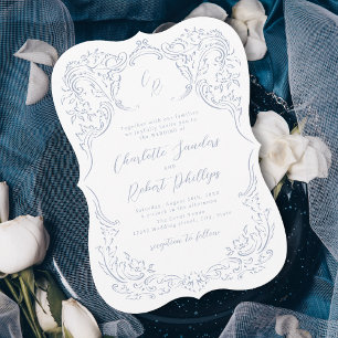 Staubblaue Vintage-Ornament Monogramm-Hochzeit Einladung