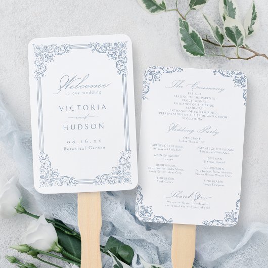Staubblaue Vintage-Rahmen Elegantes Hochzeitsprogr Fächer