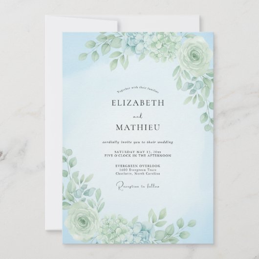 Staubblaue weiche botanische Hochzeit Einladung (Vorderseite)
