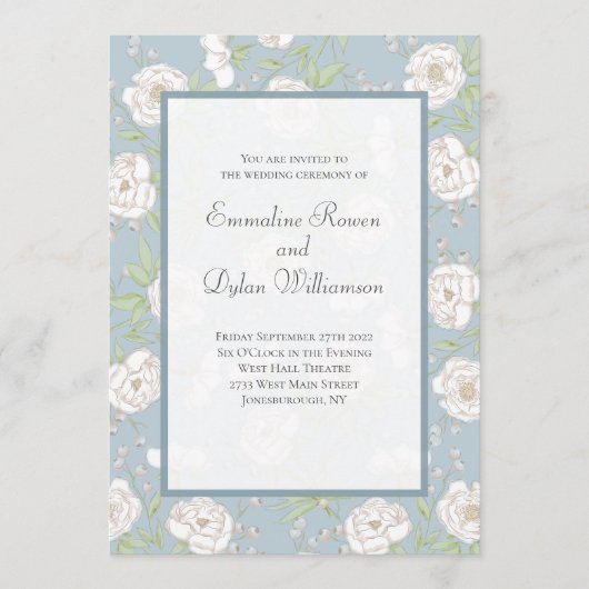 Staubblaue Weiße Rosen Hochzeit Einladung (Vorderseite)