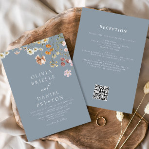 Staubblaue Wildblumen-Hochzeit mit QR-Code Einladung