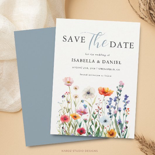 Staubblaue Wildblumen-Hochzeit Save The Date