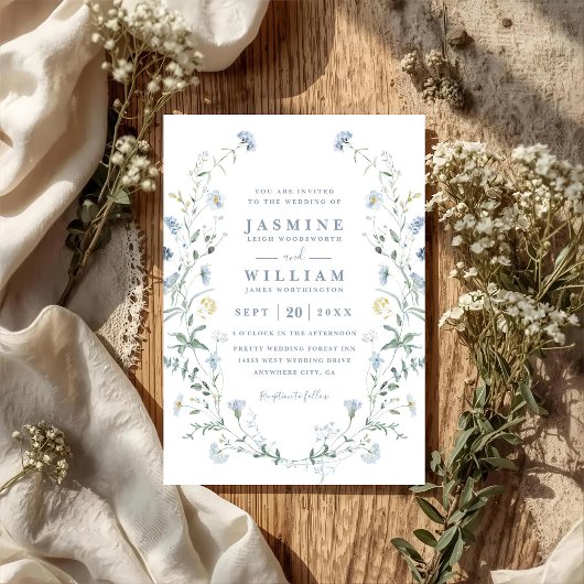 Staubblaue Wildblumen-Rustikal-Boho-QR-Code-Hochze Einladung