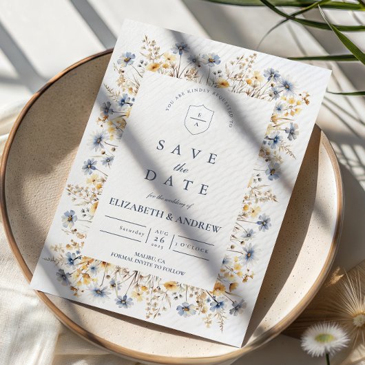 Staubblaue Wildblumen-Wiesen-Hochzeit Save The Date