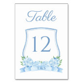 Staubblaue zeitlose Hortensien-Wappenkamm-Hochzeit Tischnummer (Rückseite)