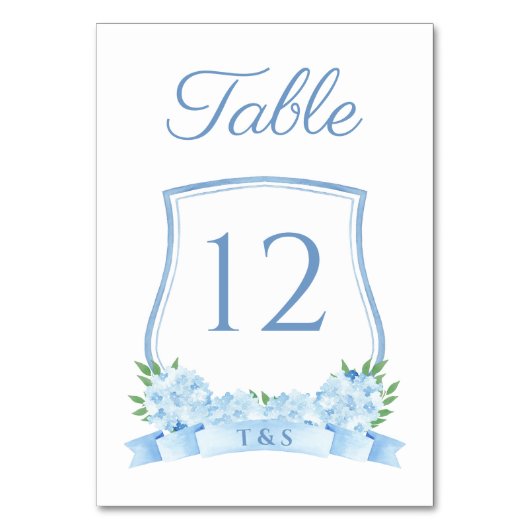 Staubblaue zeitlose Hortensien-Wappenkamm-Hochzeit Tischnummer (Vorderseite)