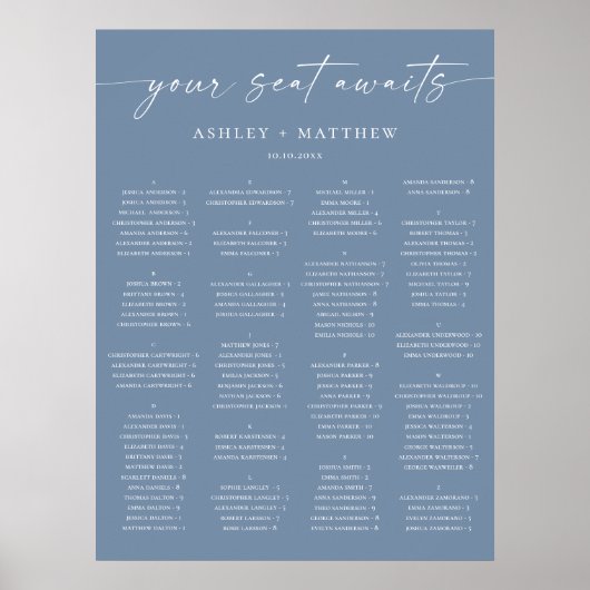 Staubblauer alphabetischer Hochzeits-Sitzplan Poster (Vorne)