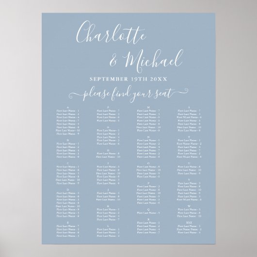 Staubblauer alphabetischer Hochzeitssitzplan Poster (Vorne)