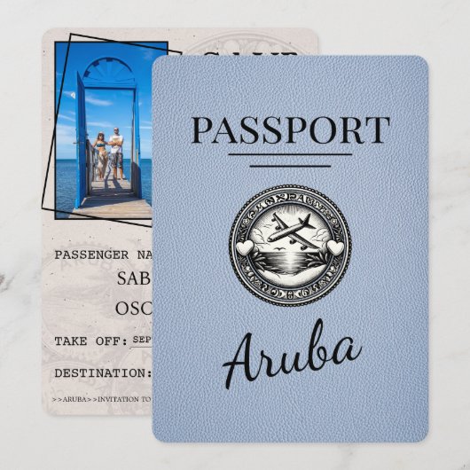 Staubblauer Aruba-Reisepass Save The Date (Vorne/Hinten)