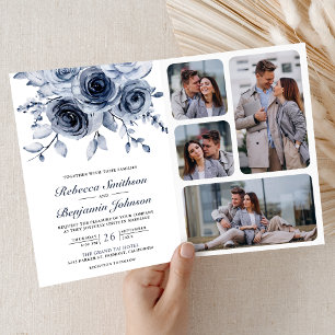 Staubblauer Blumen-Fotocollage-QR-Code-Hochzeit Einladung