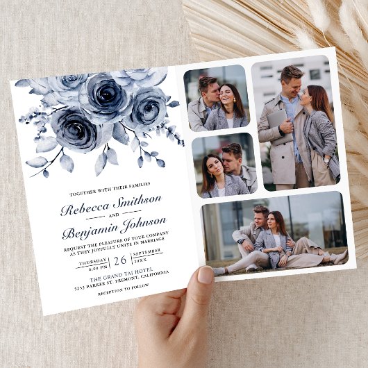Staubblauer Blumen-Fotocollage-QR-Code-Hochzeit Einladung