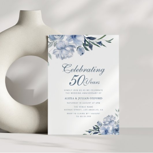 staubblauer Blumenbezug 50. Hochzeitstag Einladung