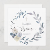 staubblauer Blumenkranz Aquarell Taufe Einladung (Vorne/Hinten)