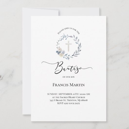 Staubblauer Kranz Wasserfarbe Bautizo Einladung (Vorderseite)