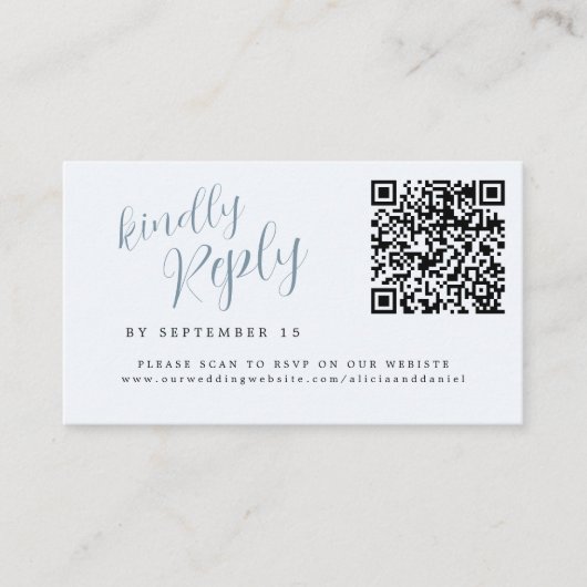 Staubblauer QR-Code Hochzeitswebsite Online-RSVP Begleitkarte (Vorderseite)