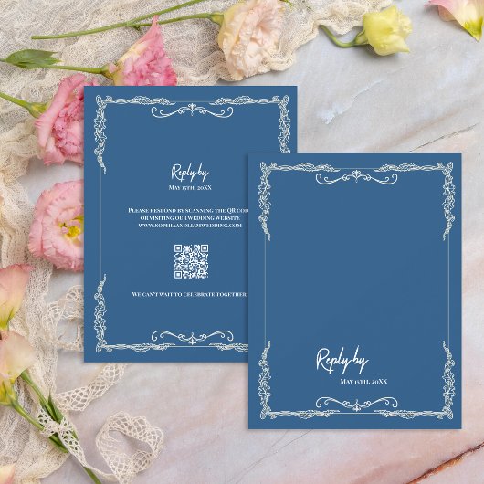 Staubblauer QR-Code Schwarz-Weiß-Hochzeit RSVP Karte