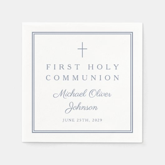 Staubblauer religiöser Junge, erste heilige Kommun Serviette (Vorderseite)