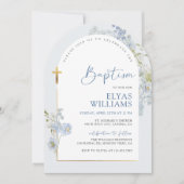 Staubblauer Rittersporn-Blumen-Bogen-Junge-Taufe Einladung (Vorderseite)