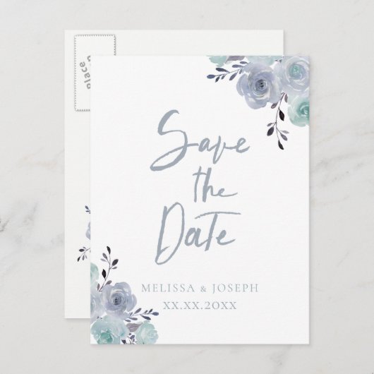 staubblauer Save the Date Ankündigungspostkarte (Vorne/Hinten)