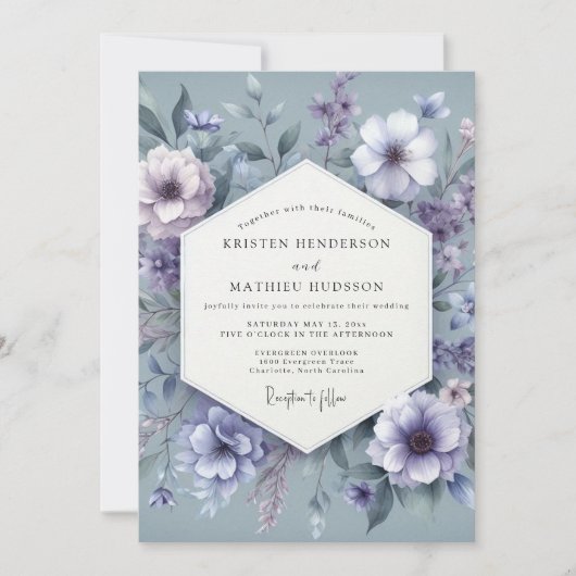 Staubblauer Träumerischer Blumenhochzeit Einladung (Vorderseite)