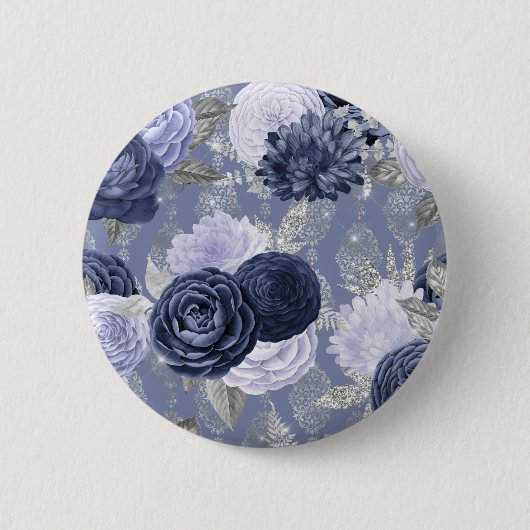 Staubblauer und silberner floraler Hochzeits-Schli Button (Vorderseite)