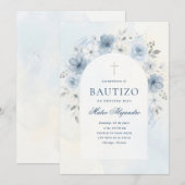 Staubblauer Wasserfarben-Blumenbogen Junge Bautizo Einladung (Vorne/Hinten)