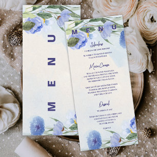 Staubblaues Aquarell-Blumen-Hochzeitsempfang Menükarte