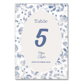 Staubblaues Aquarell-Blumenhochzeit Tischnummer