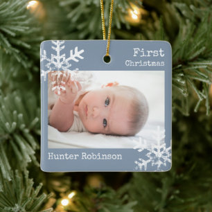 Staubblaues Baby Erstes Weihnachten Foto Schneeflo Keramikornament