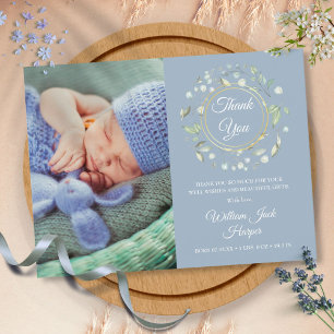 Staubblaues Baby-Foto Florales Dankeschön Geburt Ankündigungspostkarte