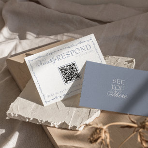 Staubblaues Blumen-Altgeld-QR-Code-Hochzeit RSVP Karte