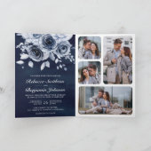 Staubblaues Blumen-Foto-QR-Code-Navy-Hochzeit Einladung (Innenseite)