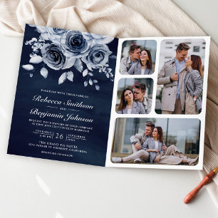 Staubblaues Blumen-Foto-QR-Code-Navy-Hochzeit Einladung