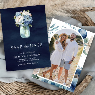 Staubblaues Blumen-Mason-Glas-Navy-Foto-Hochzeit Save The Date