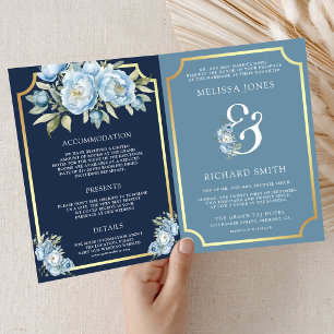 Staubblaues Blumen Navy QR Code All-in-One-Hochzei Einladung