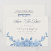Staubblaues Blumen-QR-Code-Hochzeit Save The Date (Vorne/Hinten)