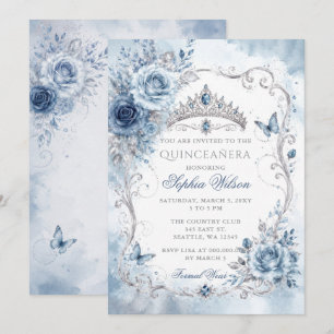 Staubblaues Blumen-Schmetterling Quinceañera Einladung