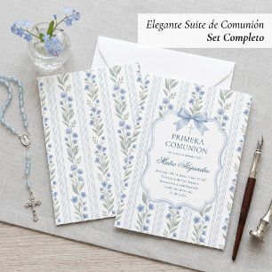 Staubblaues Blumen-Toile Spanische Erste Kommunion Einladung
