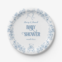 Staubblaues Blumen-Vintage-Teddybär-Baby-Party Pappteller