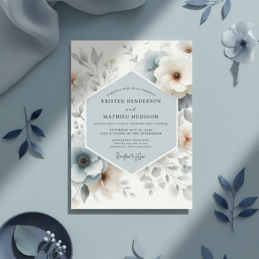 Staubblaues Blumengeflüster Hochzeit Einladung