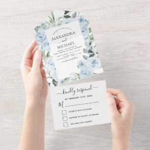 Staubblaues Blumengrün Hochzeit RSVP All In One Einladung
