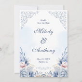 Staubblaues Blumenhochzeit Save the Date (Vorderseite)