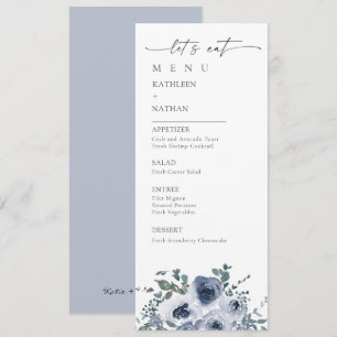 Staubblaues Blumenhochzeitsmenü Menükarte