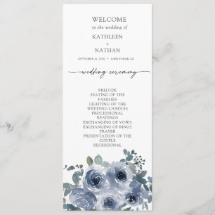 Staubblaues Blumenhochzeitsprogramm Menükarte