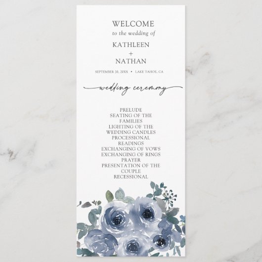 Staubblaues Blumenhochzeitsprogramm Menükarte (Vorderseite)