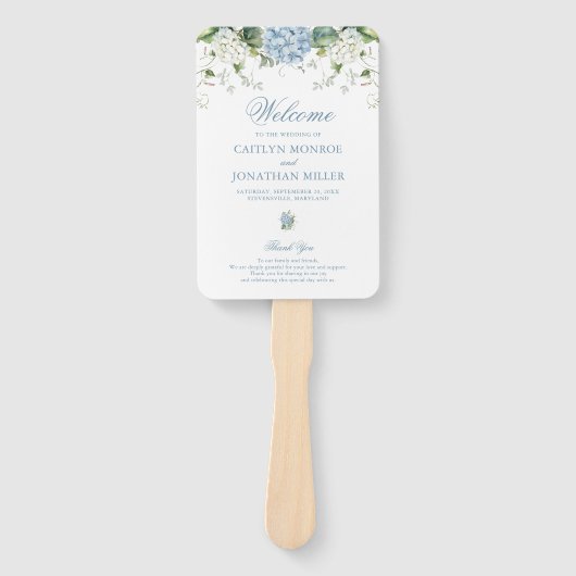 Staubblaues Blumenhochzeitswappen Zeremonieprogram Fächer (Vorderseite)